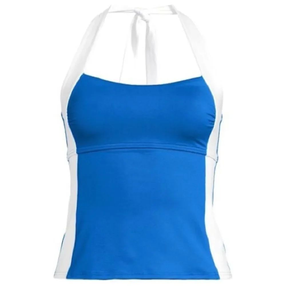 Land's End Seamed v-neck halter tankini top two ties white bright cobalt blue 14
